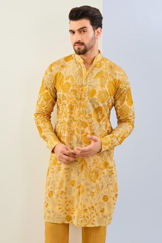 Haldi yellow multicolor embroidered kurta with cotton silk pant