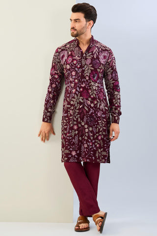 Oxblood georgette embroidered kurta with cotton silk pant