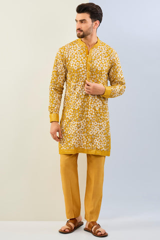 Haldi yellow sequin work lined kurta with matching cotton silk pant