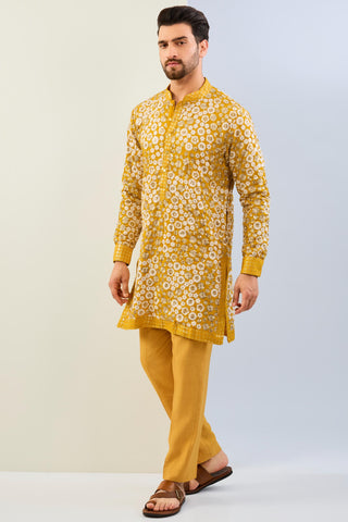 Haldi yellow sequin work lined kurta with matching cotton silk pant