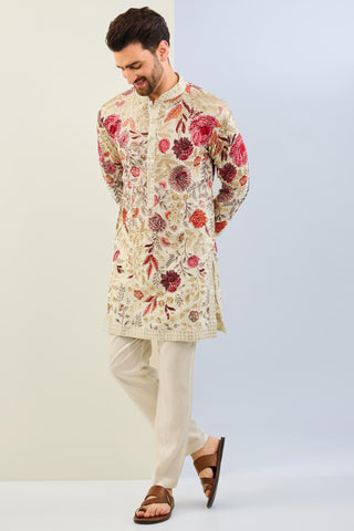 Offwhite georgette embroidered kurta with cotton silk pant