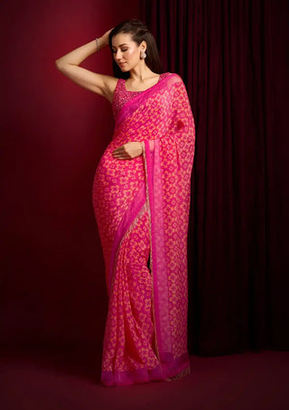 Pink lady orchid embroidered saree and net blouse