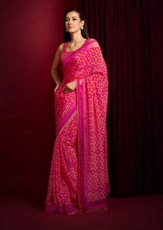 Pink lady orchid embroidered saree and net blouse