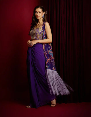 Purple rain embroidered skirt and cape set