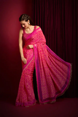 Pink lady orchid embroidered saree and net blouse