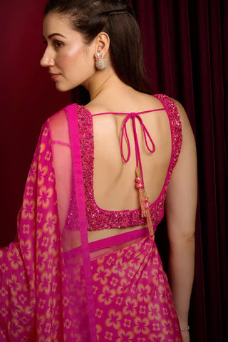 Pink lady orchid embroidered saree and net blouse