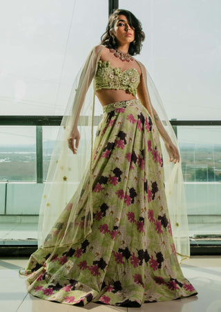 Lime green printed lehenga set