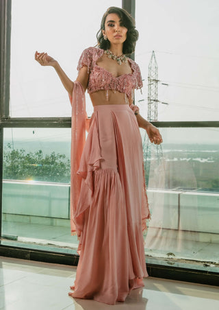 Pink embroidered draped sharara set