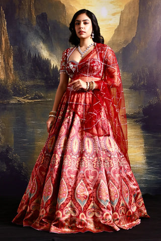 Maroon floral satin lehenga with embroidered blouse & dupatta