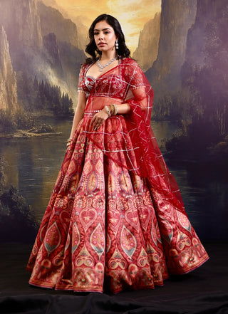 Maroon floral satin lehenga with embroidered blouse & dupatta