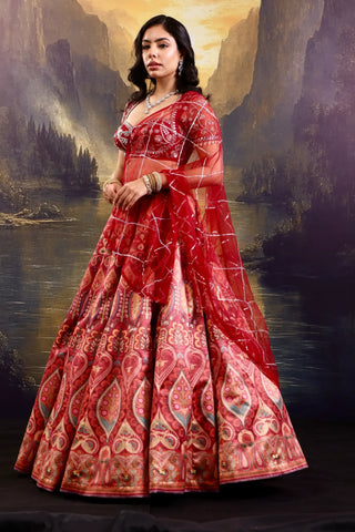 Maroon floral satin lehenga with embroidered blouse & dupatta