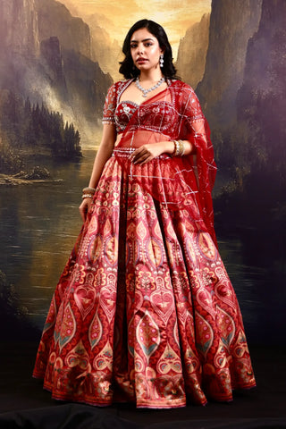 Maroon floral satin lehenga with embroidered blouse & dupatta