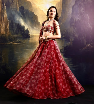 Maroon floral organza lehenga with embroidered blouse & dupatta