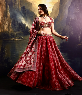 Maroon floral organza lehenga with embroidered blouse & dupatta