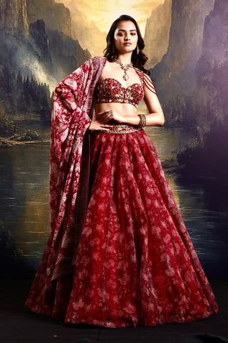 Maroon floral organza lehenga with embroidered blouse & dupatta