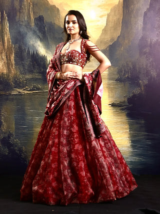 Maroon floral organza lehenga with embroidered blouse & dupatta