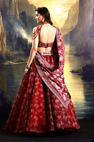 Maroon floral organza lehenga with embroidered blouse & dupatta