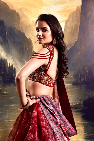 Maroon floral organza lehenga with embroidered blouse & dupatta