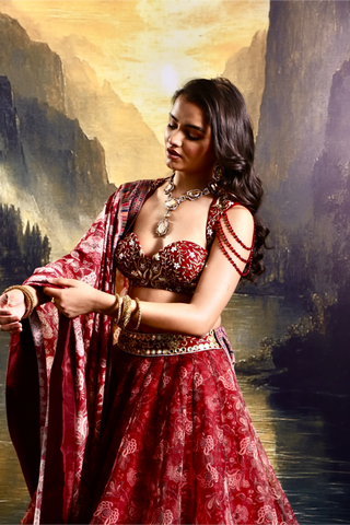 Maroon floral organza lehenga with embroidered blouse & dupatta