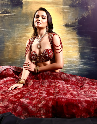 Maroon floral organza lehenga with embroidered blouse & dupatta