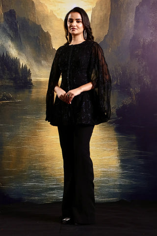 Black hand-embellished tone-on-tone kurta with cut sleeves paired & crepe pants