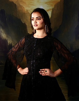 Black hand-embellished tone-on-tone kurta with cut sleeves paired & crepe pants