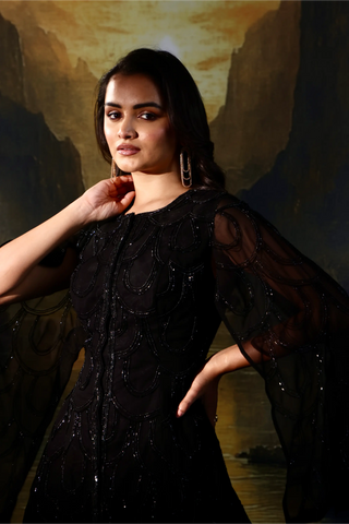 Black hand-embellished tone-on-tone kurta with cut sleeves paired & crepe pants