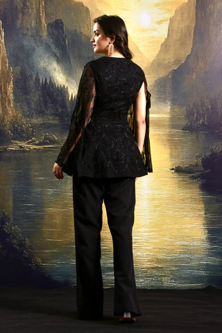 Black hand-embellished tone-on-tone kurta with cut sleeves paired & crepe pants