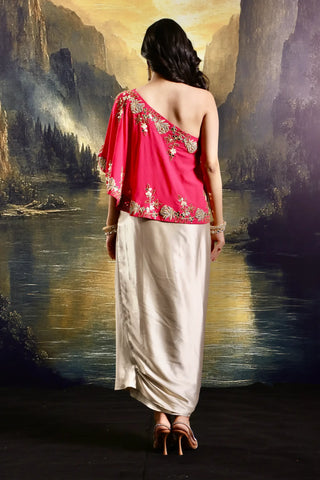 Pink hand-embroidered double georgette cape with draped skirt & top