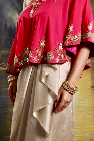 Pink hand-embroidered double georgette cape with draped skirt & top