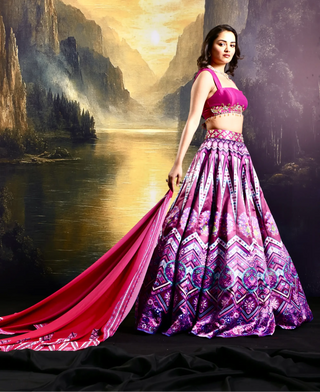 Pink satin printed lehenga with a hand-embroidered blouse & dupatta