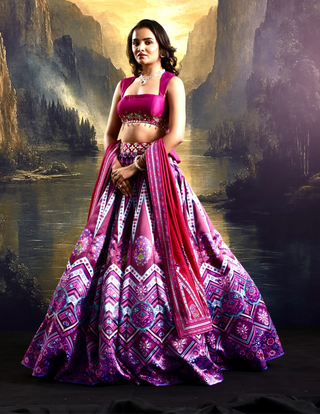 Pink satin printed lehenga with a hand-embroidered blouse & dupatta