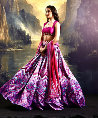 Pink satin printed lehenga with a hand-embroidered blouse & dupatta