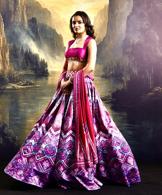 Pink satin printed lehenga with a hand-embroidered blouse & dupatta