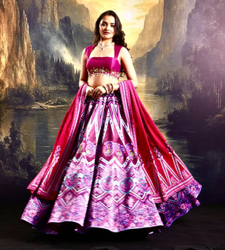 Pink satin printed lehenga with a hand-embroidered blouse & dupatta