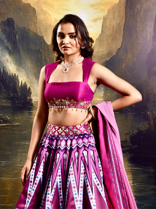 Pink satin printed lehenga with a hand-embroidered blouse & dupatta