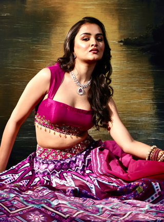 Pink satin printed lehenga with a hand-embroidered blouse & dupatta