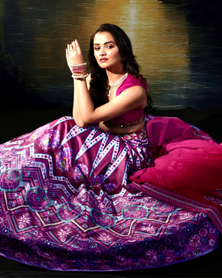 Pink satin printed lehenga with a hand-embroidered blouse & dupatta