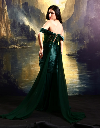 Emerald green tone-on-tone hand-embellished corset with skirt