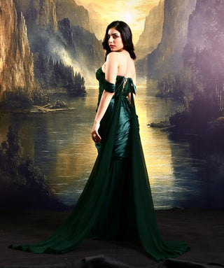 Emerald green tone-on-tone hand-embellished corset with skirt