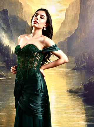 Emerald green tone-on-tone hand-embellished corset with skirt