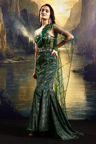 Emerald green hand-embellished corset gown in net & veil