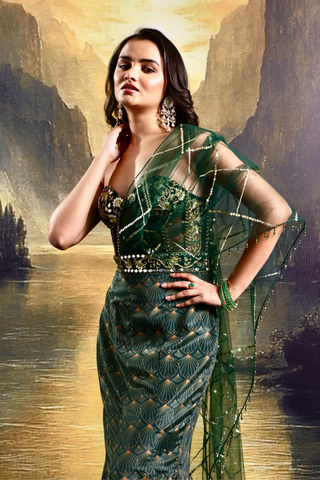 Emerald green hand-embellished corset gown in net & veil