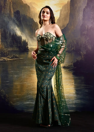 Emerald green hand-embellished corset gown in net & veil