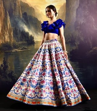 Multicolor silk lehenga with a ruffled satin blouse