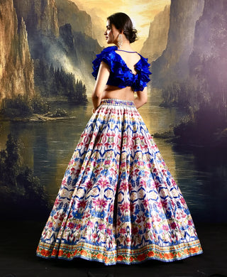 Multicolor silk lehenga with a ruffled satin blouse