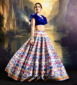 Multicolor silk lehenga with a ruffled satin blouse