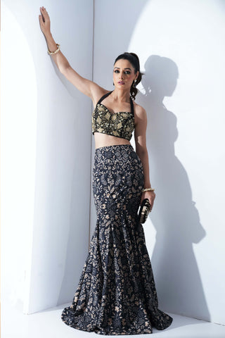 Serena black gold fishtail lehenga set