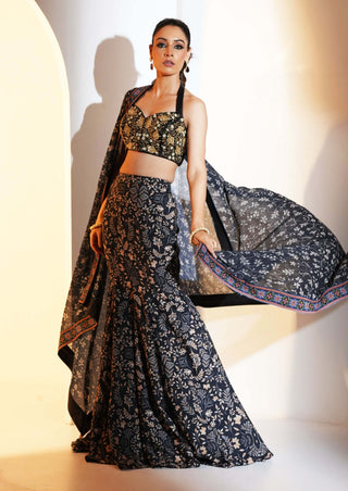 Serena black gold fishtail lehenga set