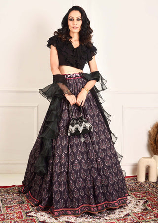 Imaara black ruffled blouse and lehenga set